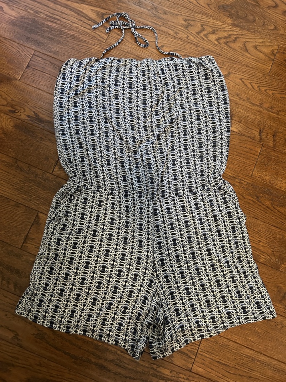 CAbi Black Strapless Romper with Navy and White Print Tie